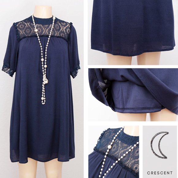 Navy Blue Boho Crochet Lace Mock Neck Shift Dress - Picture 6 of 10